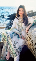 Embroidered Chiffon Dupatta – 2.5 meters Embroidered Lawn Front, Back & Sleeves – 2.78 meters Embroidered Neckline on Organza – 1 piece Dyed Trouser – 1.75 meters
