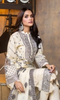 Embroidered Chiffon Dupatta with Jacquard Lace – 2.5 meters Embroidered Lawn Front, Back & Sleeves – 2.78 meters Dyed Trouser – 1.75 meters Embroidered Border for Front & Back with Sequins – 8 meters