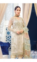 Hand-embellished, embroidered & sequined chiffon front Embroidered & sequined chiffon side panel Embroidered & sequined chiffon back Embroidered & sequined chiffon sleeves Embroidered & sequined chatta patti net dupatta Adda-worked, embroidered & sequined organza patch for neckline Embroidered & sequined chiffon border for front Embroidered & sequined chiffon border for back Embroidered & sequined chiffon border for sleeves Embroidered & sequined organza border for trouser Dyed inner shirt lining Dyed raw silk trouser