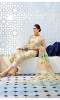 Hand-embellished, embroidered & sequined chiffon front Embroidered & sequined chiffon side panel Embroidered & sequined chiffon back Embroidered & sequined chiffon sleeves Embroidered & sequined chatta patti net dupatta Adda-worked, embroidered & sequined organza patch for neckline Embroidered & sequined chiffon border for front Embroidered & sequined chiffon border for back Embroidered & sequined chiffon border for sleeves Embroidered & sequined organza border for trouser Dyed inner shirt lining Dyed raw silk trouser