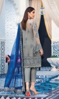 Hand-embellished, embroidered & sequined chiffon front Embroidered & sequined chiffon side panel Embroidered & sequined chiffon back Embroidered & sequined chiffon sleeves Embroidered & sequined chiffon dupatta Embroidered & sequined chiffon border for dupatta pallu Adda-worked, embroidered & sequined organza patch for neckline Embroidered & sequined chiffon border for front Embroidered & sequined chiffon border for back Embroidered & sequined organza motifs for sleeves Embroidered & sequined organza border for trouser Dyed inner shirt lining Dyed raw silk trouser