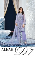 Hand-embellished, embroidered & sequined net front Embroidered & sequined net side panel Embroidered & sequined net back Embroidered & sequined net sleeves Embroidered & sequined net dupatta Embroidered & sequined net border for front Embroidered & sequined net border for back Embroidered & sequined net border for sleeves Hand-embellished, embroidered & sequined net patch for neckline Embroidered & sequined net motif for back Embroidered & sequined organza border for trouser Dyed inner shirt lining Dyed raw silk trouser