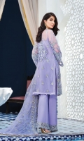 Hand-embellished, embroidered & sequined net front Embroidered & sequined net side panel Embroidered & sequined net back Embroidered & sequined net sleeves Embroidered & sequined net dupatta Embroidered & sequined net border for front Embroidered & sequined net border for back Embroidered & sequined net border for sleeves Hand-embellished, embroidered & sequined net patch for neckline Embroidered & sequined net motif for back Embroidered & sequined organza border for trouser Dyed inner shirt lining Dyed raw silk trouser