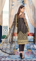Adda-worked, embroidered & sequined chiffon front Embroidered & sequined chiffon side panel Embroidered & sequined chiffon back Embroidered & sequined chiffon sleeves Embroidered & sequined net dupatta Embroidered & sequined chiffon border for front Embroidered & sequined chiffon border for back Embroidered & sequined chiffon border for sleeves Dyed inner shirt lining Dyed raw silk trouser