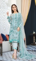 Hand-embellished, embroidered & sequined chiffon front Embroidered & sequined chiffon side panel Embroidered & sequined chiffon back Embroidered & sequined chiffon sleeves Crystal embellished, embroidered & sequined net dupatta Embroidered & sequined net dupatta pallu extension Embroidered & sequined organza patch for neckline Embroidered & sequined chiffon border for front Embroidered & sequined chiffon border for back Embroidered & sequined chiffon border for sleeves Dyed inner shirt lining Dyed raw silk trouser