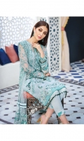 Hand-embellished, embroidered & sequined chiffon front Embroidered & sequined chiffon side panel Embroidered & sequined chiffon back Embroidered & sequined chiffon sleeves Crystal embellished, embroidered & sequined net dupatta Embroidered & sequined net dupatta pallu extension Embroidered & sequined organza patch for neckline Embroidered & sequined chiffon border for front Embroidered & sequined chiffon border for back Embroidered & sequined chiffon border for sleeves Dyed inner shirt lining Dyed raw silk trouser