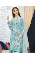 Hand-embellished, embroidered & sequined chiffon front Embroidered & sequined chiffon side panel Embroidered & sequined chiffon back Embroidered & sequined chiffon sleeves Crystal embellished, embroidered & sequined net dupatta Embroidered & sequined net dupatta pallu extension Embroidered & sequined organza patch for neckline Embroidered & sequined chiffon border for front Embroidered & sequined chiffon border for back Embroidered & sequined chiffon border for sleeves Dyed inner shirt lining Dyed raw silk trouser