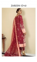 Adda-worked, embroidered & sequined grip shirt front Embroidered & sequined grip side panel Embroidered & sequined grip sleeves Embroidered & sequined grip back Embroidered & sequined organza dupatta Embroidered & sequined organza dupatta pallu Embroidered & sequined silk border for shirt front Embroidered & sequined silk border for shirt back Embroidered & sequined silk border for sleeves Embroidered & sequined silk border for dupatta Dyed raw silk trouser