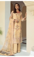 Sheesha-embellished, adda-worked, embroidered & sequined net front Embroidered & sequined net side panel Embroidered & sequined net sleeves Embroidered & sequined net back Embroidered & sequined net dupatta Embroidered & sequined net border for dupatta Embroidered & sequined net patch for back neckline Embroidered & sequined net border for front Embroidered & sequined net border for back Embroidered & sequined net border for sleeves Dyed inner shirt lining Dyed raw silk trouser