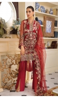 Hand embellished, embroidered & sequined net front Embroidered & sequined net side panel  Embroidered & sequined net sleeves Embroidered & sequined net back Embellished & embroidered net dupatta Embroidered & sequined net border for front Embroidered & sequined net motifs for back Hand worked, embroidered & sequined net border for neckline Embroidered & sequined net border for dupatta pallu Dyed raw silk trouser Dyed inner shirt lining