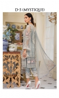 Hand embellished, embroidered & sequined net front left panel Hand embellished, embroidered & sequined net front right panel Embroidered & sequined net side panel  Embroidered & sequined net sleeves Embroidered & sequined net back Hand embellished, embroidered & sequined net dupatta Embroidered & sequined net motifs for dupatta Embroidered & sequined net border for sleeves Embroidered & sequined organza border for trouser Dyed raw silk trouser Dyed inner shirt lining