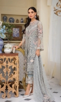 Hand embellished, embroidered & sequined net front left panel Hand embellished, embroidered & sequined net front right panel Embroidered & sequined net side panel  Embroidered & sequined net sleeves Embroidered & sequined net back Hand embellished, embroidered & sequined net dupatta Embroidered & sequined net motifs for dupatta Embroidered & sequined net border for sleeves Embroidered & sequined organza border for trouser Dyed raw silk trouser Dyed inner shirt lining
