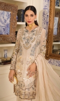 Hand embellished, embroidered & sequined chiffon front Embroidered & sequined chiffon side panel Embroidered & sequined chiffon sleeves Embroidered & sequined chiffon back Embroidered chiffon dupatta Hand embellished, embroidered & sequined organza neckline Embroidered & sequined organza border for front Embroidered & sequined organza border for back Embroidered & sequined organza border for sleeves Dyed raw silk trouser Dyed inner shirt lining