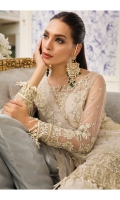 Hand embellished, embroidered & sequined net front center panel Embroidered & sequined left panel for front Embroidered & sequined right panel for front Embroidered & sequined net sleeves Embroidered & sequined net back Crystal embellished & embroidered net dupatta Embroidered & sequined net pallu patch border for dupatta Hand worked, embroidered & sequined net patch for neckline Embroidered & sequined net border for front Embroidered & sequined net border for back Embroidered & sequined net border for sleeves Hand embellished, embroidered & sequined motif for trouser Dyed raw silk trouser Dyed inner shirt lining