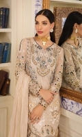 Hand embellished, embroidered & sequined chiffon front Embroidered & sequined chiffon side panel Embroidered & sequined chiffon sleeves Embroidered & sequined chiffon back Embroidered chiffon dupatta Hand embellished, embroidered & sequined organza neckline Embroidered & sequined organza border for front Embroidered & sequined organza border for back Embroidered & sequined organza border for sleeves Dyed raw silk trouser Dyed inner shirt lining