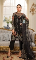 Hand worked, embroidered, & sequined chiffon front Embroidered & sequined chiffon side panel  Embroidered & sequined chiffon back  Embroidered & sequined chiffon sleeves  Embroidered & sequined silk border for front Embroidered & sequined silk border for back Embroidered & sequined silk border for sleeves Hand worked gotta spray on embroidered & sequined organza dupatta Dyed raw silk trouser Dyed inner shirt lining