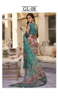 Digitally printed lawn shirt  Digitally printed chiffon dupatta  Dyed trouser  Embroidered patch for neckline  Embroidered border for shirt front  Embroidered border for trouser 