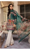 Digitally printed lawn shirt  Digitally printed chiffon dupatta  Dyed trouser  Embroidered patch for neckline  Embroidered border for shirt front  Embroidered border for trouser 