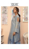 Dyed jacquard shirt  Dyed jacquard dupatta  Dyed trouser  Embroidered border for shirt front  Embroidered border for sleeves