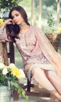Printed lawn shirt 3.25m, Embroidered net dupatta 2.50m, Printed Cotton trouser 2.50m, Embroidered neckline patch 1 pc, sleeves embroidery patch 1 yard