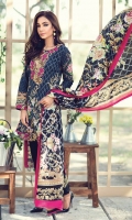 Printed lawn shirt 3.25m,Printed pure silk dupatta 2.50m, Dyed cotton trouser 2.50m, Trouser Embroidery patch 1 yard, Embroidered neckline patch 1 pc, Sleeves Embroidery patch 1 yard , Shirt front embroidery patch 1 yard.