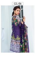 Digitally printed lawn shirt 3.00m Digitally printed chiffon dupatta 2.50m White paste print cotton trouser 2.50m Embroidered organza border for sleeves 1.00m Embroidered organza border for shirt front 1.00m Embroidered organza motif for shoulder 2 pcs 