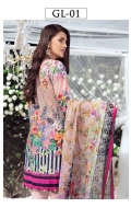 Digitally printed lawn shirt 3.00m Digitally printed chiffon dupatta 2.50m Dyed cotton trouser 2.50m Embroidered organza patch for neckline 1 pc Embroidered organza border for sleeves 1.00m Embroidered organza border for trouser 1.00m