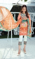 Digitally printed lawn shirt 3.00m Digitally printed chiffon dupatta 2.50m Dyed cotton trouser 2.50m Embroidered organza bunch for neckline 1 pc Embroidered organza border for sleeves 1.00m Embroidered organza border for trouser 1.00m