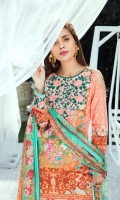 Digitally printed lawn shirt 3.00m Digitally printed chiffon dupatta 2.50m Dyed cotton trouser 2.50m Embroidered organza bunch for neckline 1 pc Embroidered organza border for sleeves 1.00m Embroidered organza border for trouser 1.00m