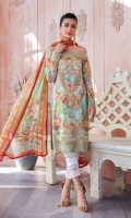 Digitally printed lawn shirt Digitally printed chiffon dupatta Dyed cotton trouser Embroidered organza border for neckline Embroidered organza border for shirt front Embroidered organza border for sleeves Embroidered organza border for trouser