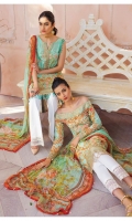 Digitally printed lawn shirt Digitally printed chiffon dupatta Dyed cotton trouser Embroidered organza border for neckline Embroidered organza border for shirt front Embroidered organza border for sleeves Embroidered organza border for trouser