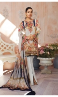 Digitally printed lawn shirt Digitally printed chiffon dupatta Dyed cotton trouser Embroidered organza border for neckline Embroidered organza border for shirt front Embroidered organza border for sleeves