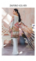 Digitally printed lawn shirt Digitally printed chiffon dupatta Dyed cotton trouser Embroidered organza border for neckline Embroidered organza border for shirt front Embroidered organza border for sleeves