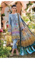 Digitally printed lawn shirt Digitally printed chiffon dupatta Dyed cotton trouser Embroidered organza patch for neckline Embroidered organza border for shirt front Embroidered organza border for sleeves Embroidered organza motifs for trouser