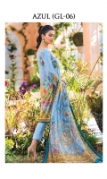 Digitally printed lawn shirt Digitally printed chiffon dupatta Dyed cotton trouser Embroidered organza patch for neckline Embroidered organza border for shirt front Embroidered organza border for sleeves Embroidered organza motifs for trouser