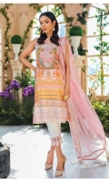 Digitally printed lawn shirt Embroidered net dupatta Embroidered net dupatta pallu border White paste print cotton trouser Embroidered organza border for neckline Embroidered organza border for shirt front Embroidered organza border for sleeves