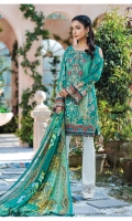 Digitally printed lawn shirt Digitally printed chiffon dupatta Dyed cotton trouser Embroidered organza patch for neckline Embroidered organza border for shirt front Embroidered organza border for sleeves Embroidered organza border for trouser