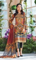 Digitally printed lawn shirt Digitally printed chiffon dupatta Dyed cotton trouser Embroidered organza patch for neckline Embroidered organza border for shirt front Embroidered organza border for sleeves Embroidered organza motifs for trouser