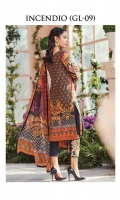 Digitally printed lawn shirt Digitally printed chiffon dupatta Dyed cotton trouser Embroidered organza patch for neckline Embroidered organza border for shirt front Embroidered organza border for sleeves Embroidered organza motifs for trouser