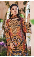 Digitally printed lawn shirt Digitally printed chiffon dupatta Dyed cotton trouser Embroidered organza patch for neckline Embroidered organza border for shirt front Embroidered organza border for sleeves Embroidered organza motifs for trouser