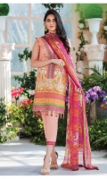 Digitally printed lawn shirt Digitally printed chiffon dupatta Dyed cotton trouser Embroidered organza border for neckline Embroidered organza border for shirt front Embroidered organza border for trouser