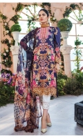 Digitally printed lawn shirt Digitally printed chiffon dupatta White paste print cotton trouser Embroidered organza border for neckline Embroidered organza border for shirt front Embroidered organza border for sleeves Embroidered organza border for trouser Embroidered organza motifs for sleeves
