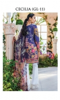 Digitally printed lawn shirt Digitally printed chiffon dupatta White paste print cotton trouser Embroidered organza border for neckline Embroidered organza border for shirt front Embroidered organza border for sleeves Embroidered organza border for trouser Embroidered organza motifs for sleeves