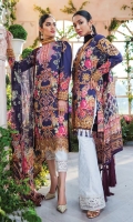Digitally printed lawn shirt Digitally printed chiffon dupatta White paste print cotton trouser Embroidered organza border for neckline Embroidered organza border for shirt front Embroidered organza border for sleeves Embroidered organza border for trouser Embroidered organza motifs for sleeves