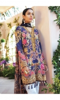 Digitally printed lawn shirt Digitally printed chiffon dupatta White paste print cotton trouser Embroidered organza border for neckline Embroidered organza border for shirt front Embroidered organza border for sleeves Embroidered organza border for trouser Embroidered organza motifs for sleeves
