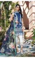 Digitally printed lawn shirt Digitally printed chiffon dupatta White paste print cotton trouser Embroidered organza border for neckline Embroidered organza border for shirt front Embroidered organza border for sleeves Embroidered organza border for trouser