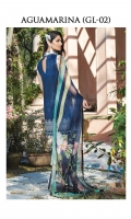 Digitally printed lawn shirt Digitally printed chiffon dupatta White paste print cotton trouser Embroidered organza border for neckline Embroidered organza border for shirt front Embroidered organza border for sleeves Embroidered organza border for trouser