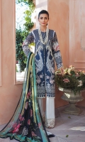 Digitally printed lawn shirt Digitally printed chiffon dupatta White paste print cotton trouser Embroidered organza border for neckline Embroidered organza border for shirt front Embroidered organza border for sleeves Embroidered organza border for trouser