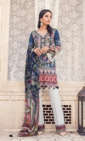 Digitally printed lawn shirt Digitally printed chiffon dupatta Dyed trouser Embroidered organza border for neckline Embroidered organza border for shirt front Embroidered organza border for trouser