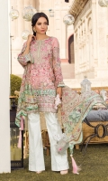 Digitally printed self-jacquard shirt Digitally printed chiffon dupatta White paste print trouser Embroidered organza patch for neckline Embroidered organza border for shirt front Embroidered organza motif for sleeves